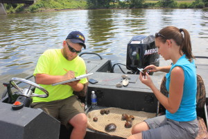 Measuring and recording the mussels with Dale and Marion.